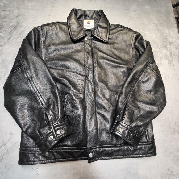 Pepsi Jacket Mens Large Black Genuine Leather Bomber Quilted Lined Snap Front - Picture 1 of 8
